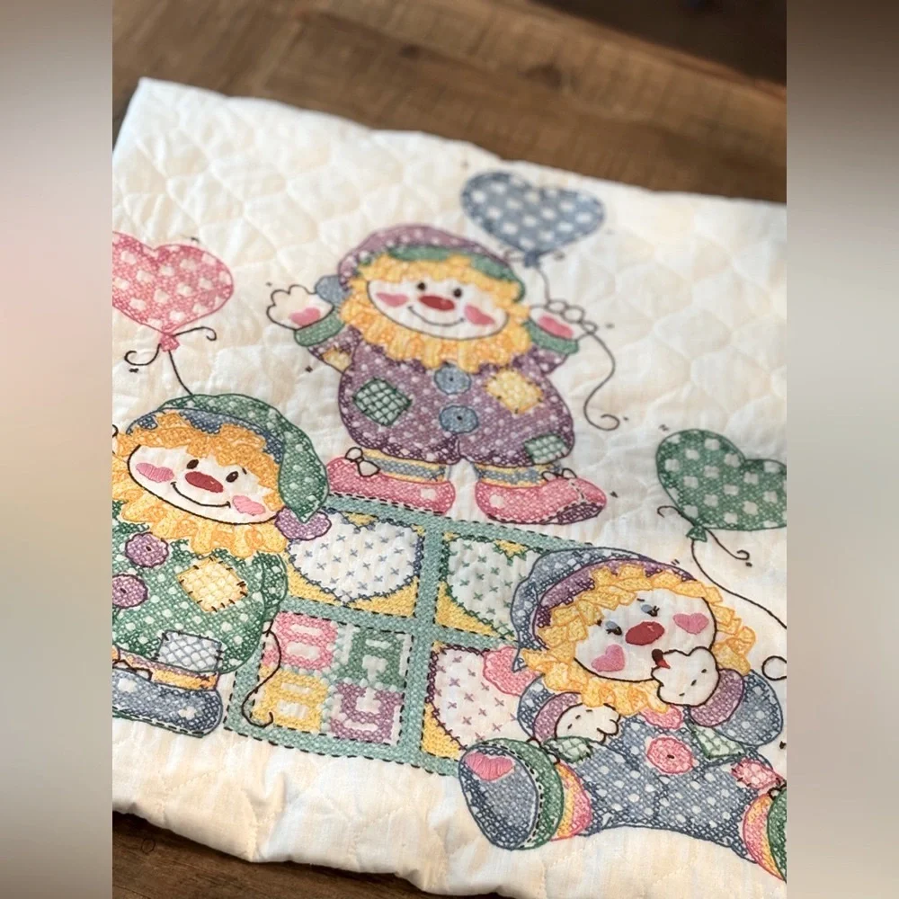 Vintage Clown Cross Stitched Baby Quilt. Blanket| Sweet Dreams |Pastel 39.5x28.5